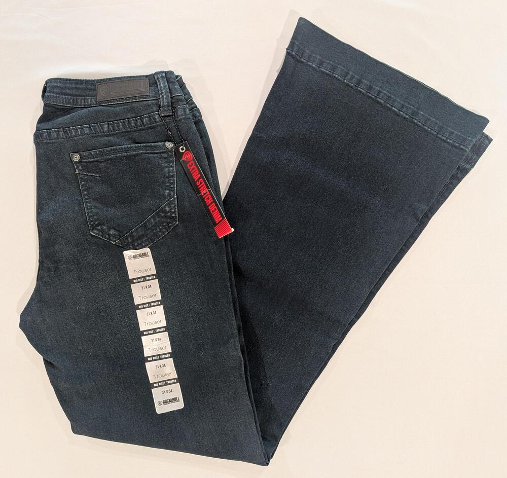 Rock & Roll Denim Jeans Womens 31x34 Blue Dark Wash Mid Rise Trouser Wide Leg